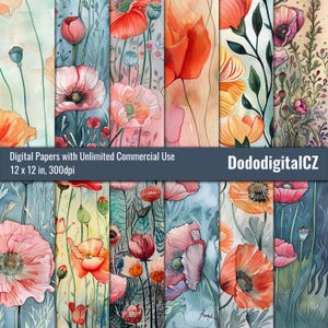 Wild Poppies Digital Paper | Unlimited Commercial Use | Patterned Paper | Texture | Meadow | Floral | Scrapbook | Printable