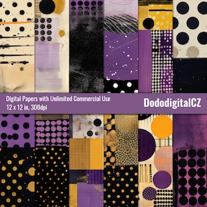 May include: A collection of digital papers featuring abstract patterns in purple, black, yellow, and cream. Designs include polka dots, stripes, and grid textures. Text on the image reads: Digital Papers with Unlimited Commercial Use 30.48 x 30.48 cm, 300dpi DododigitalCZ.