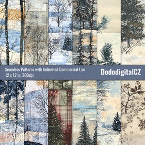 Peut inclure: Un ensemble de 12 motifs de papier numérique représentant une scène de forêt hivernale avec des arbres enneigés et un jeu de couleurs bleu clair, blanc et marron. Les motifs sont sans couture et peuvent être utilisés à des fins commerciales.