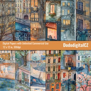 Könnte beinhalten: Ein digitales Papierpaket mit 12 Aquarell-Illustrationen von Pariser Straßenbildern. Die Illustrationen zeigen Gebäude, Bäume und Kopfsteinpflasterstraßen. Das Papierpaket ist 12 x 12 Zoll groß und hat eine Auflösung von 300 dpi. Digitale Papiere mit uneingeschränktem kommerziellen Gebrauch.