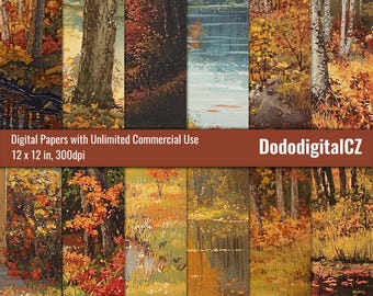 Paraíso otoñal / Uso comercial ilimitado / Papel estampado / Textura / Bosque otoñal / Rojo y naranja / Naturaleza / Álbum de recortes / Imprimible