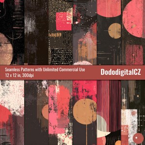 May include: A collection of seamless patterns with abstract designs. The patterns feature a mix of geometric shapes, brushstrokes, and textures in shades of black, red, and beige. The text "Seamless Patterns with Unlimited Commercial Use 12 x 12 in, 300dpi" is displayed.