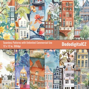 Patrón sin costuras de ciudad holandesa / Uso comercial ilimitado / Papel estampado / Textura / Países Bajos / Holanda / Álbum de recortes / Imprimible