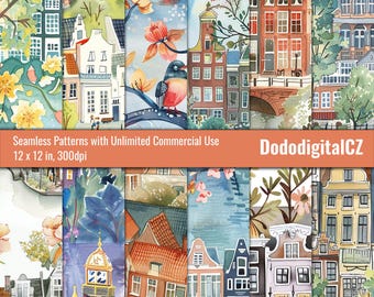 Dutch Town Seamless Pattern | Unlimited Commercial Use | Patterned Paper | Texture | The Netherlands | Holland | Scrapbook | Printable