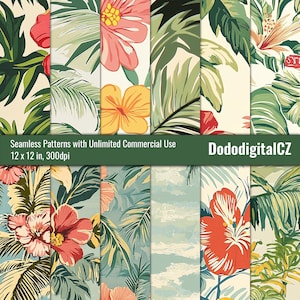 May include: A set of 8 digital seamless patterns featuring tropical flowers and leaves in shades of green, pink, yellow, red, and blue. The patterns are 12 inches by 12 inches and 300 dpi. Seamless Patterns with Unlimited Commercial Use. DododdigitalCZ