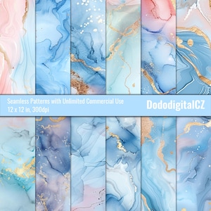 Puede incluir: Un conjunto de 12 patrones de papel digital con diseños abstractos de mármol azul, rosa y dorado. Patrones sin costuras con uso comercial ilimitado. 30,5 x 30,5 cm, 300 dpi. DododgitalCZ