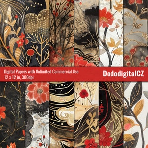 May include: Set of 8 digital papers featuring a Japanese-inspired design with black, gold, and red floral patterns. The papers are 12 x 12 inches and 300dpi. Digital Papers with Unlimited Commercial Use. DododdigitalCZ
