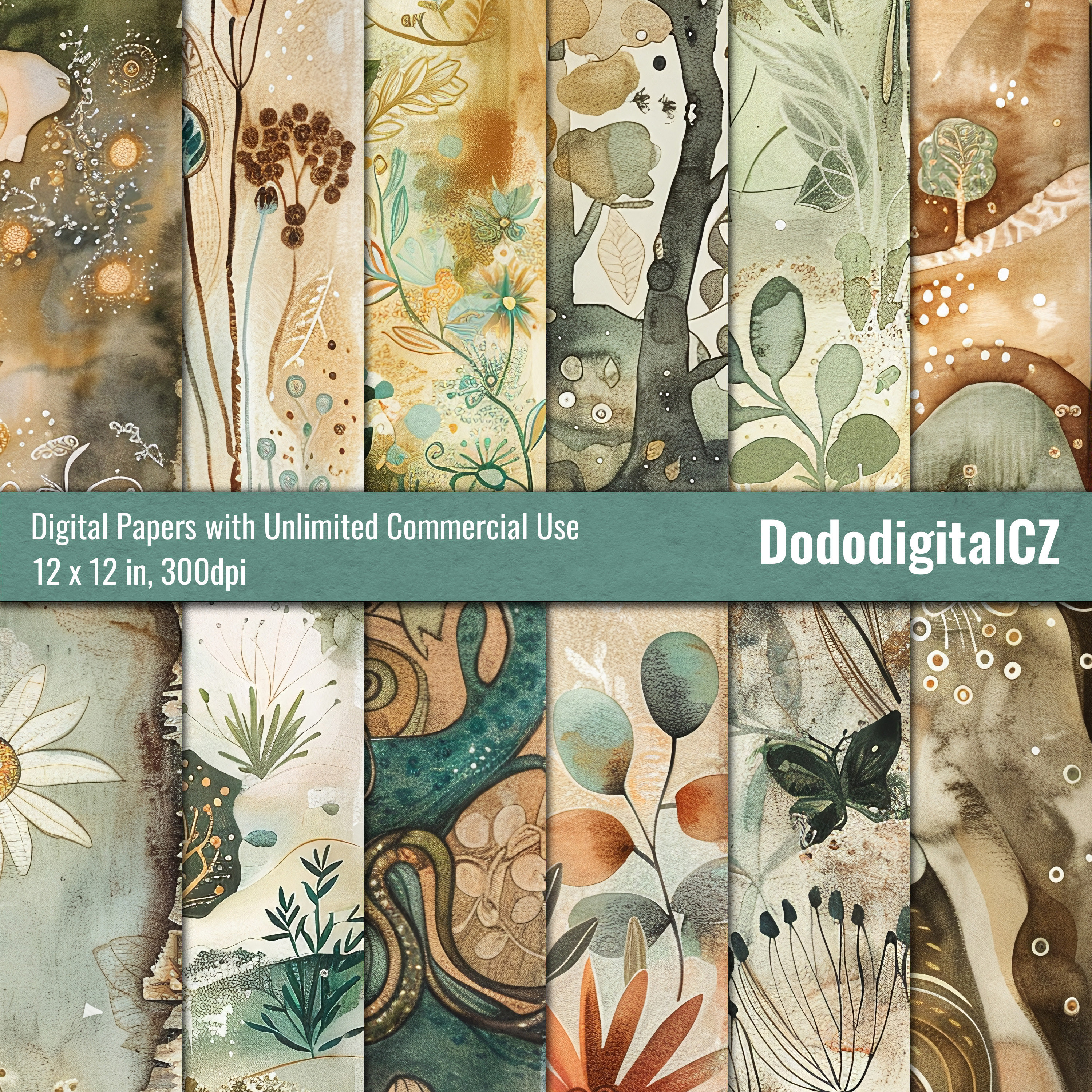 Boho Natural Digital Paper | Unlimited Commercial Use | Patterned Paper ...