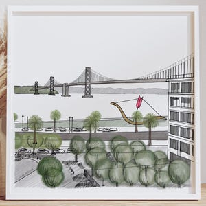 以下が含まれることがあります： 橋、建物、木々のある都市の白黒のイラスト。橋は背景にあり、建物は前景にあります。前景には赤い矢印の彫刻があります。