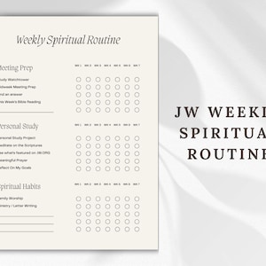 Peut inclure: Une liste de contrôle de routine spirituelle hebdomadaire imprimable pour les Témoins de Jéhovah. La liste de contrôle comprend des sections pour la préparation des réunions, l'étude personnelle et les habitudes spirituelles. Chaque section contient une liste d'activités avec des cases à cocher pour chaque jour de la semaine.