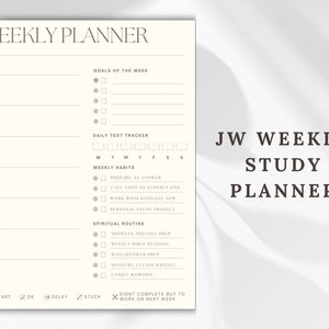 May include: A weekly planner for Jehovah's Witnesses with sections for goals, daily text tracking, weekly habits, spiritual routine, and a study planner. The planner has checkboxes for each task and a section for marking tasks as "to start", "ok", "delay", or "stuck".