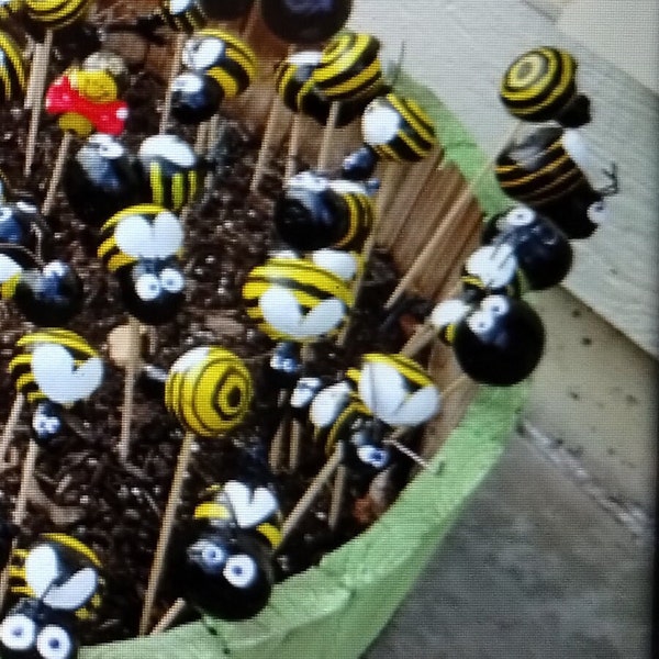 Garden yard art, hand painted bees, whimsical gourds, miniature outdoor garden stakes, bright colored garden, mother's day, teacher gifts,