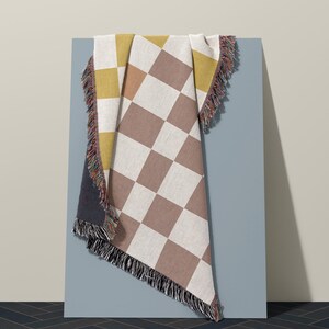 Pink Peach Mustard Yellow Checker Blanket Muted Color Checkerboard Woven Blanket Hand Drawn Retro Checked Woven Cotton Throw Made In Usa