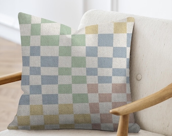 Checkered Woven Pillow: Multicolor Retro Cotton Blend, Made in USA