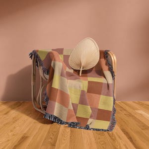 Warm Minimalism Checker Pattern In Yellow Peach Pink Funky Tapestry Woven Blanket Modern Minimalist Decor Retro Style Checker Board Blanket
