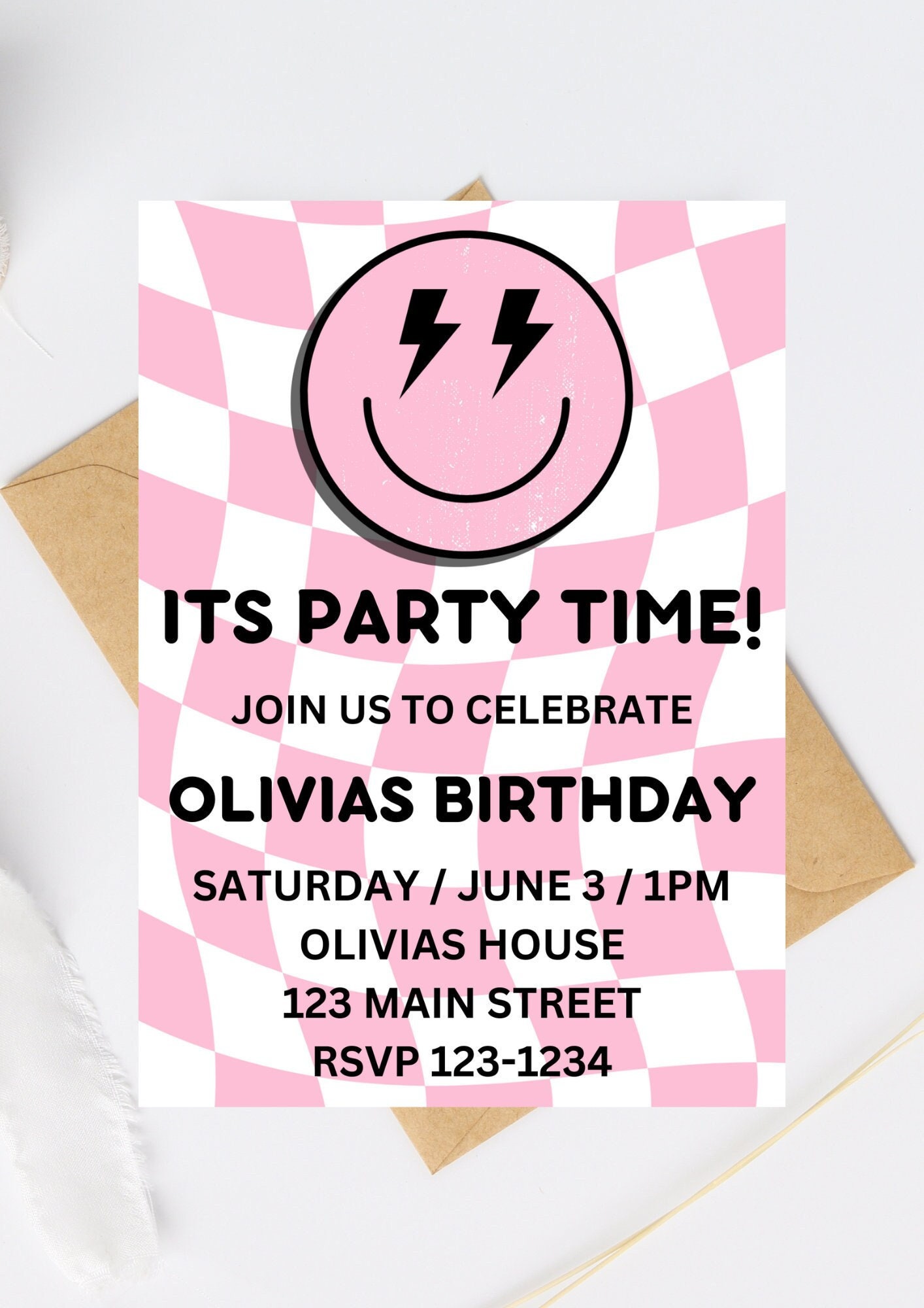 Tween Birthday Invitation Pink Smiley Happy Face Checkers - Etsy