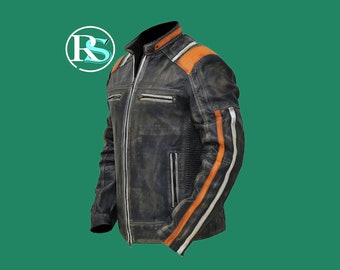 Handmade Men’s Black Retro 3 Café Racer Biker Vintage Distressed Real Leather Jacket, Cafe Racer Motorcycle Leather Jacket, Gift for Him