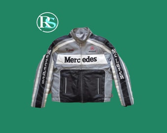 Handmade Men's Mercedes Benz Motorcycle Racing Vintage Leather Nascar Jacket, Formula 1 Car Racing Y2K Genuine Leather Jacket, Gift For Him