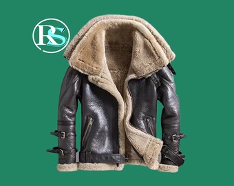 Handmade Men's Brown Aviator RAF Bomber Flying Double Collar Shearling Leather Jacket, Bomber B3 RAF Aviator Leather Jacket, Gift for Him