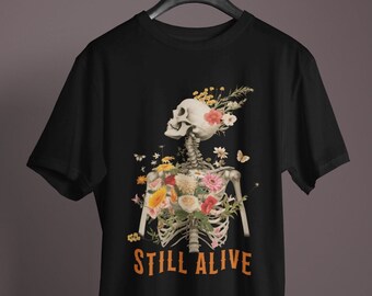 Still Alive Floral Skeleton - Unisex Graphic T-Shirt, Emo Alternative Clothing