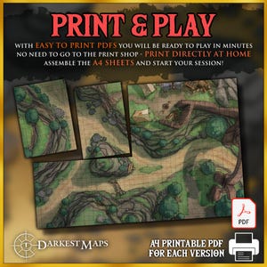 May include: A printable map for tabletop role-playing games. The map features a winding path through a forest with rocky outcroppings. The map is designed to be printed on A4 sheets and assembled for use in a game.