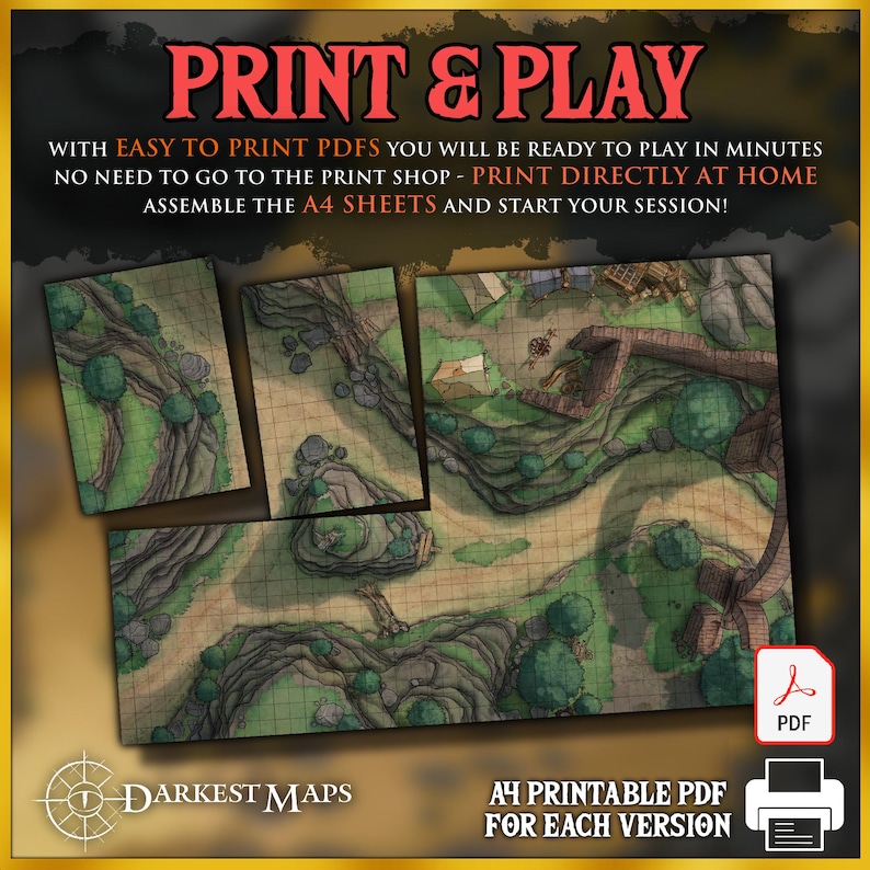 May include: A printable map for tabletop role-playing games. The map features a winding path through a forest with rocky outcroppings. The map is designed to be printed on A4 sheets and assembled for use in a game.