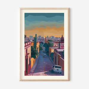 Può includere: Un'illustrazione colorata di una scena di strada in una città con una chiesa sullo sfondo. La strada è fiancheggiata da edifici e alberi, e ci sono auto che guidano sulla strada. Il cielo è di un blu vibrante con nuvole arancioni e viola.