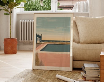 Long Island Beach House Art Print: Mid-Century Modern Wall Decor (Digital Print)