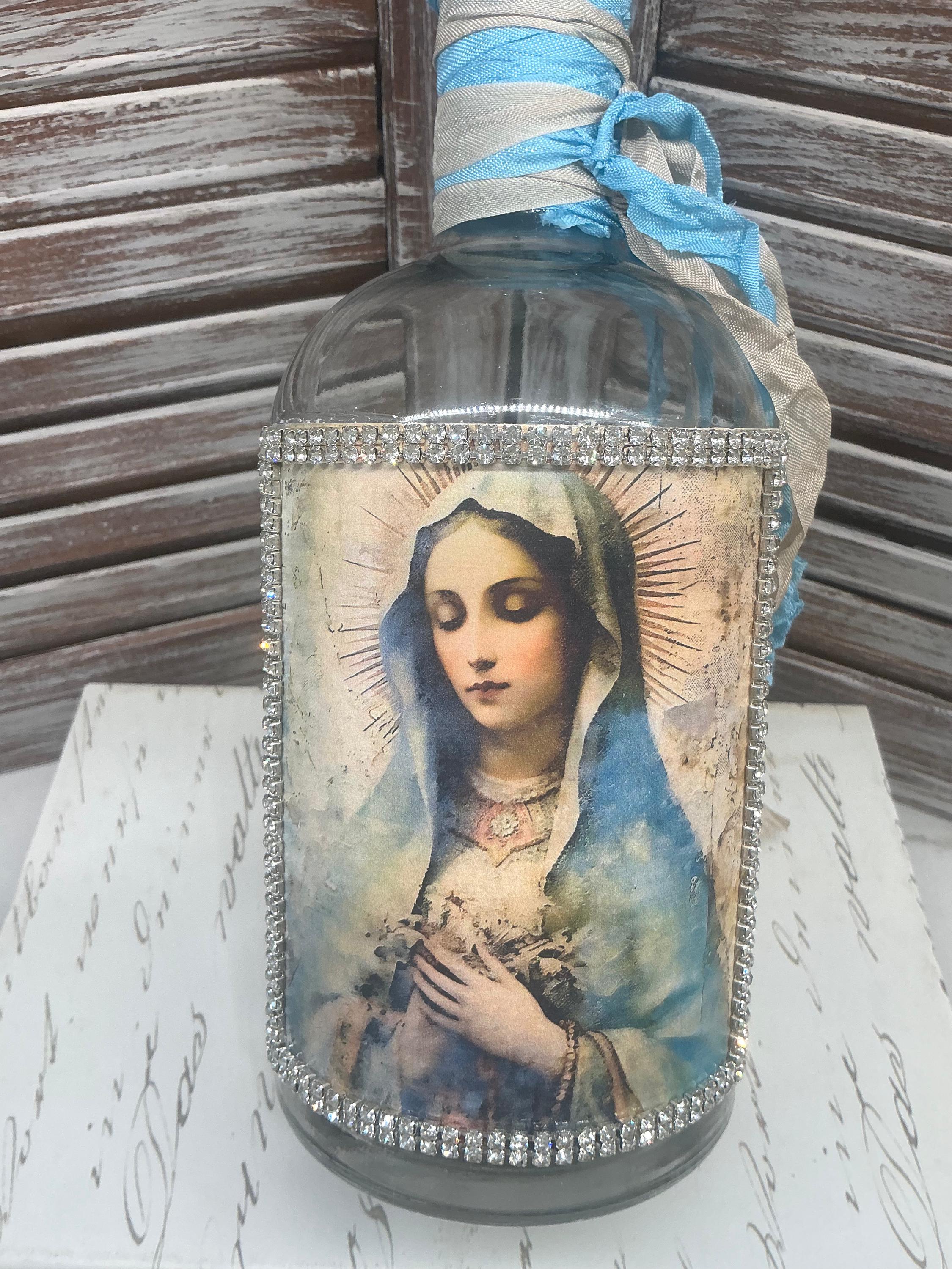 Mother Mary altered bottle Mary candle holder Religious bottle decor Catholic gift Altered bottle decor Religious candle holder Unique gift