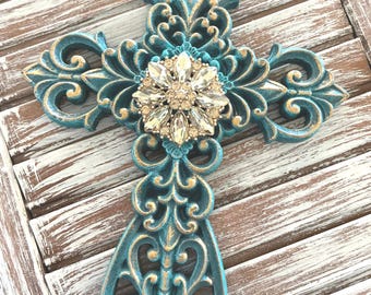 Turquoise and gold cross decor Gift for her Wall cross Ornate wall cross Rhinestone embellished cross Christian gift Religious home accent