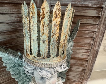 Tall feather crown Large cherub crown Religious crown Tarnished metal Crown Statuary crown Metal feather crown Crown cake topper Santos