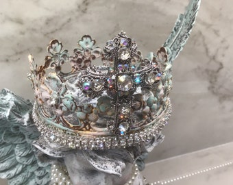 Patina metal crown, Rhinestone cross crown, Religious statue crown, Rhinestone-embellished crown, Cherub crown, Catholic gift