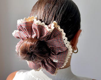 Handmade Plaid Cotton Lace Scrunchie, Oversized Hair Tie, Messy Bun