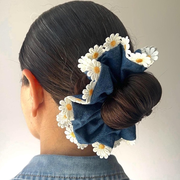 Denim Scrunchie with Daisy Lace, Handmade Cotton Hair Tie