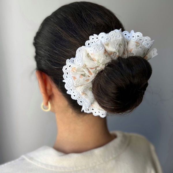 Handmade Broderie Anglaise Floral Embroidered Large Ruffle Chiffon Scrunchie with Lace Trim Edge Oversized Hair Accessories Gift Girl Women