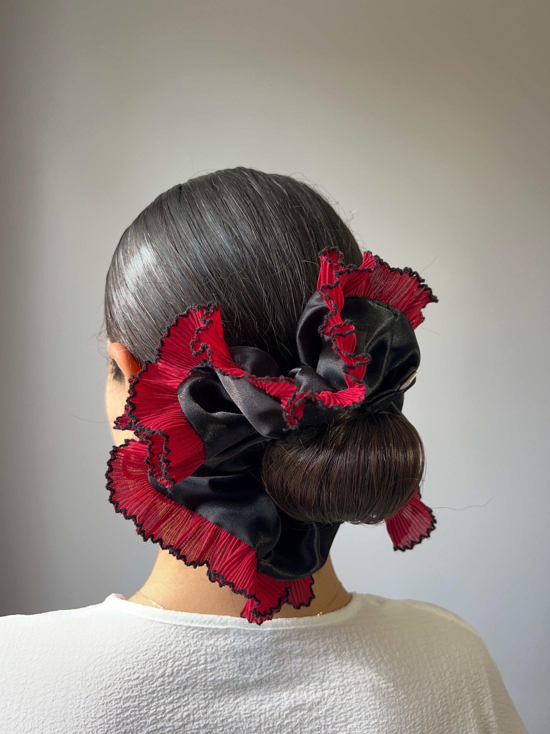 Satin Black Ruffle Scrunchie With Pleated Chiffon Lace 
