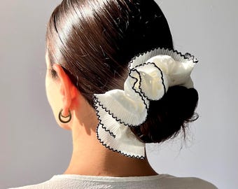 Eyelet Ruffle White Scrunchie with Pleated Chiffon Lace Trim, Bun Holder Hair Tie, Large Oversize Handmade Hair Accessories, Gift Girl Women