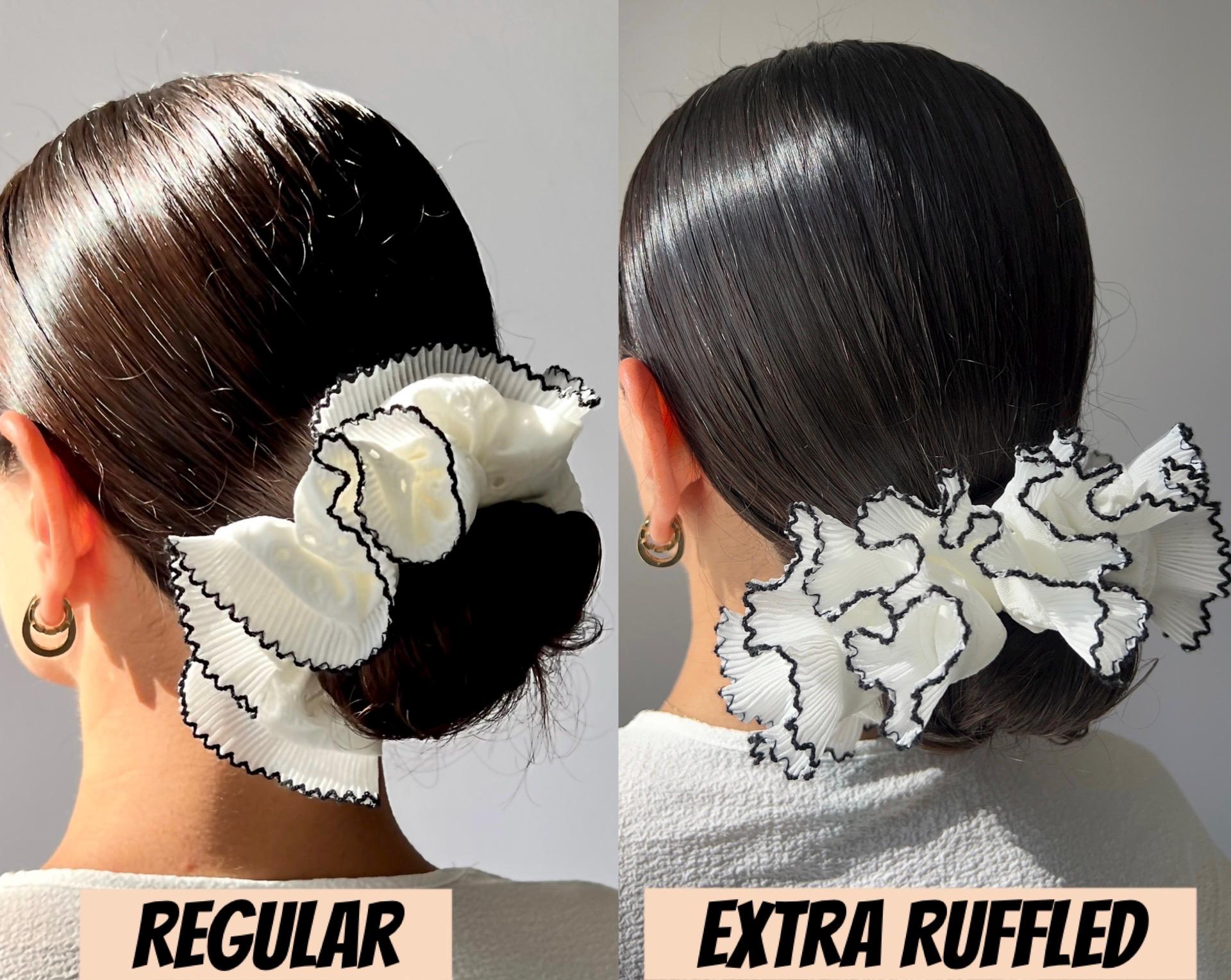 White Eyelet Ruffle Scrunchie, Pleated Chiffon Lace Trim 