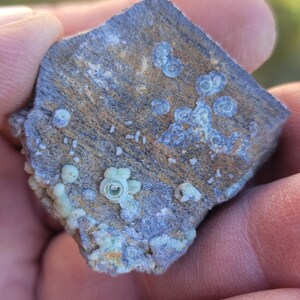 May include: A close-up of a rock with a variety of textures and colors, including blue, green, and brown. The rock has a rough, uneven surface and is covered in small, round bumps.