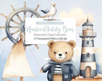 Nautical Teddy Bear Clipart, Watercolor Sailor, Nursery Decor (Digital Download)