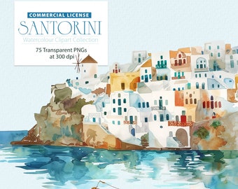 Santorini Watercolor | Travel Clipart | Santorini Clipart | Greek Vacation | Greece Clipart | Printable Watercolor Clipart | Destination