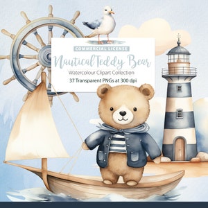 Mignon marin ours en peluche clipart, clipart chambre d'enfant nautique, clipart phare, animal marin, clipart Sealife, clipart coquillages, bébé ours