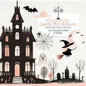 Zestaw akwarelowych, uroczych, halloweenowych clipartów, upiorne, różowe cliparty, pastelowe Halloween, Halloween dla dzieci, urocze czarownice, wampiry, urocze duchy, domy