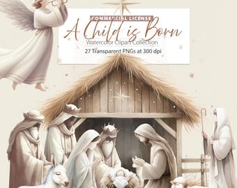 May include: Watercolor illustration of the nativity scene with Mary, Joseph, baby Jesus, a donkey, two sheep, and an angel. The scene is set in a wooden stable with a straw roof. The angel is playing a trumpet and there is a star above the stable.