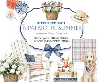 Bundle de cliparts aquarelle patriotique d'été, graphiques du 4 juillet, cadres Americana (téléchargement numérique)