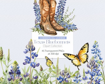 May include: A digital illustration of a pair of brown cowboy boots with bluebonnet flowers and a butterfly. The text "Texas Bluebonnets Clipart Collection 45 Transparent PNGs at 300 dpi" is on a white rectangle.