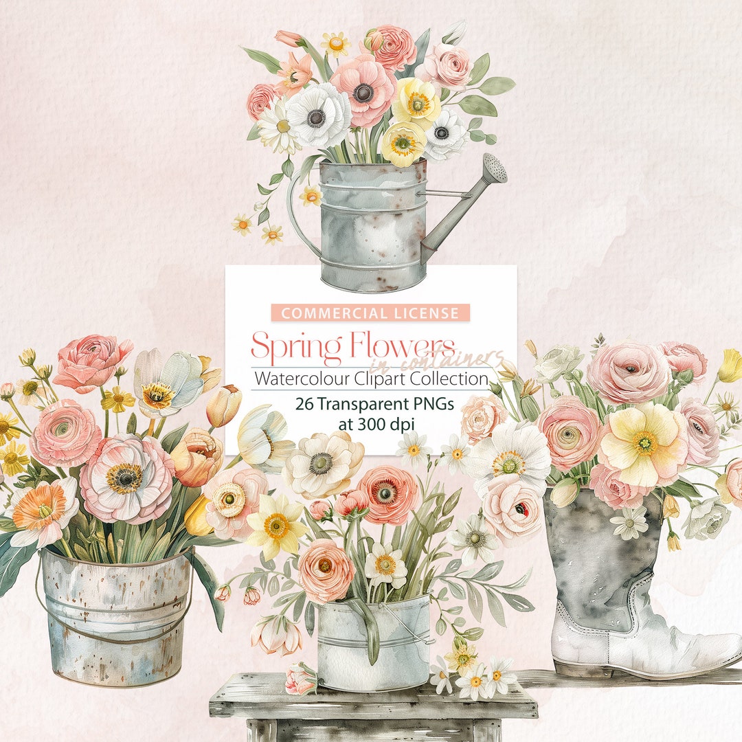 Spring Container Drawings Spring Flowers in Containers Watercolour Clipart Collection - Etsy