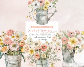 Spring Flowers in Containers Watercolour ClipArt Collection