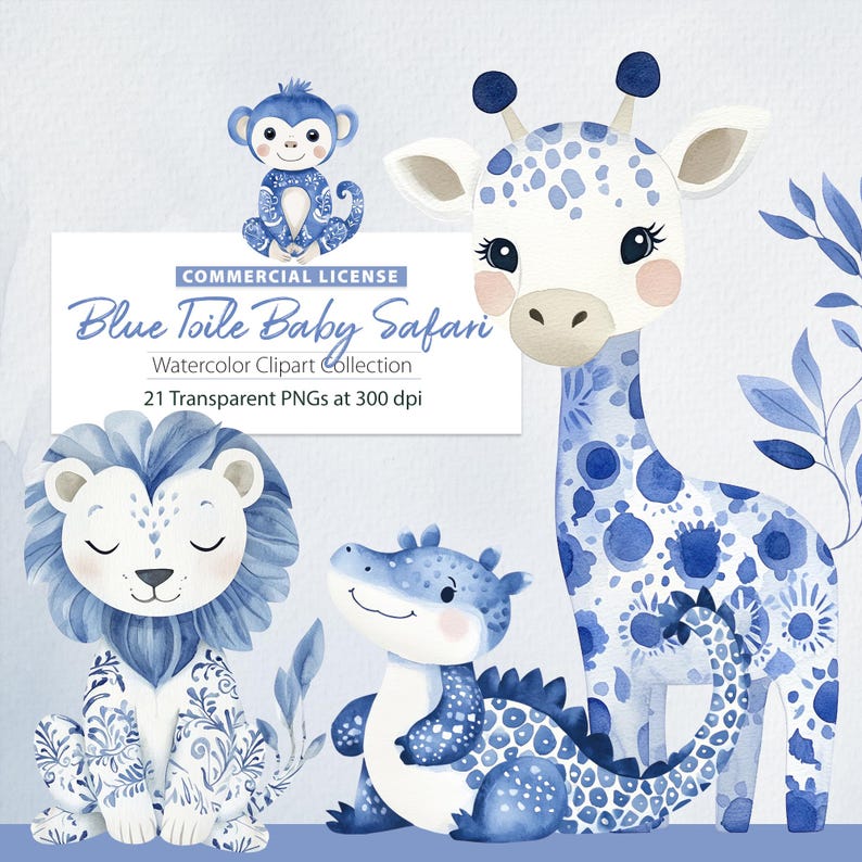 Toiling Animals Blue Toile Safari Animals Clipart, Baby Shower (digital Download) - Etsy