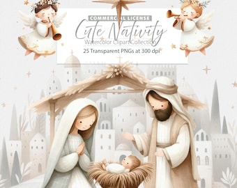May include: A watercolor illustration of a nativity scene with Mary, Joseph, and baby Jesus in a manger. The scene is set in a stable with a wooden roof and a straw floor. There are two angels flying above the stable, one on each side. The angels are holding trumpets and have halos above their heads. The background is a light blue sky with white clouds.